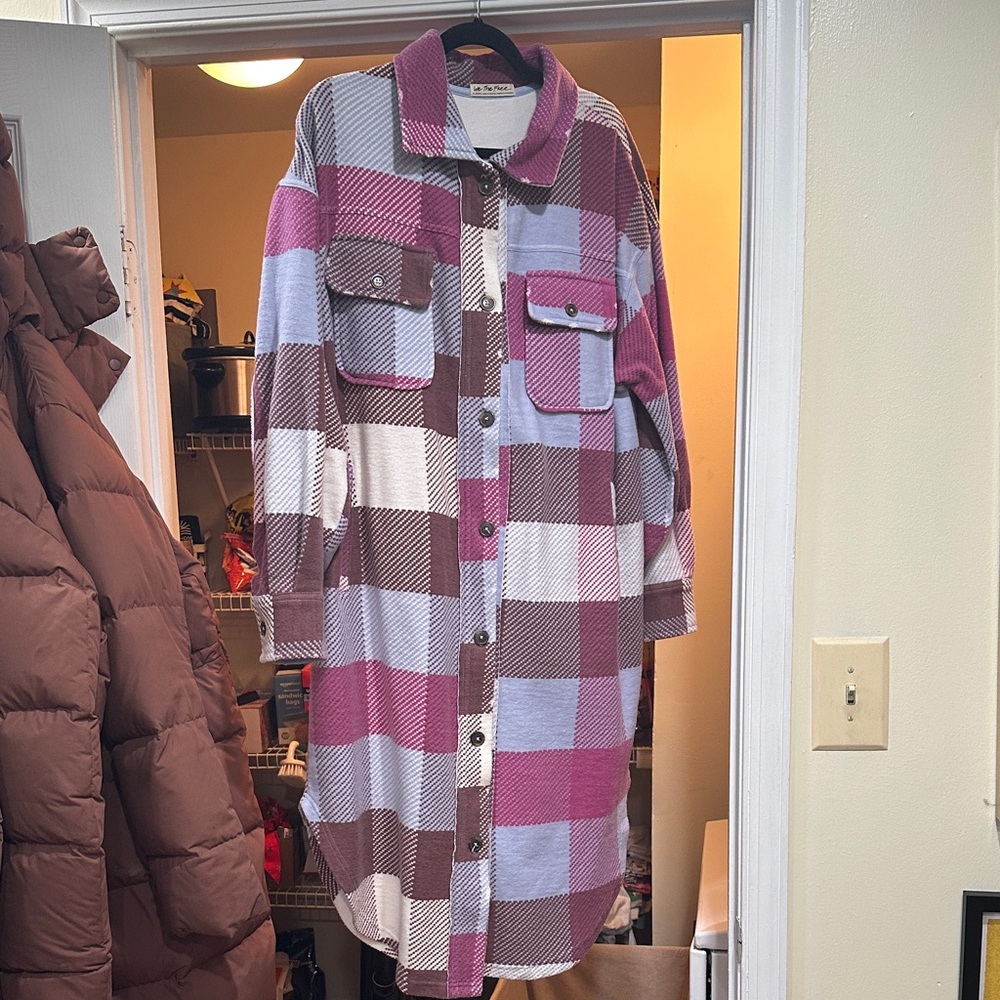 Free People Plaid Long Ruby Shirt Jacket Pink and Blue - Size XS - Picture 3 of 10